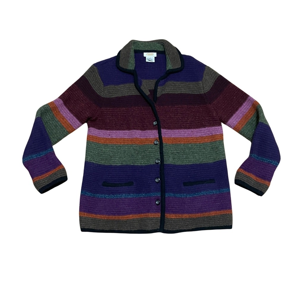 Talbots Petites Women's Medium Rainbow Striped Boiled Wool Cardigan Sweater
